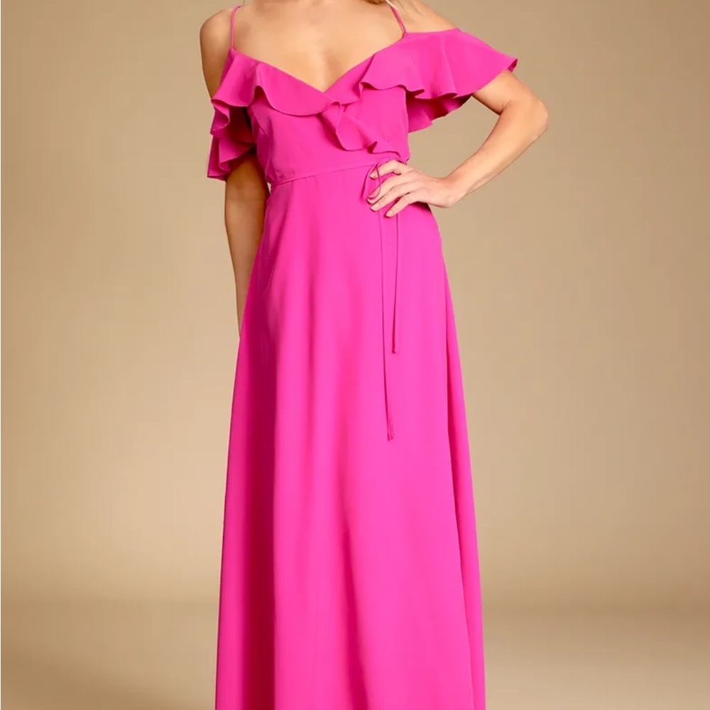 Sunny Perfection Magenta Ruffled Off-the-Shoulder Wrap Dress